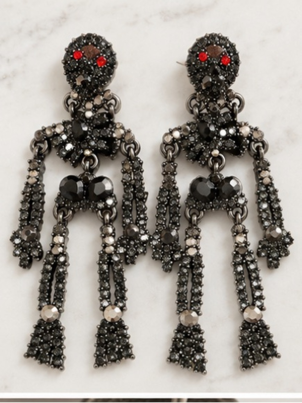 Betsey Johnson Black Crystal Skeleton Dangle Earrings with Red Eyes
